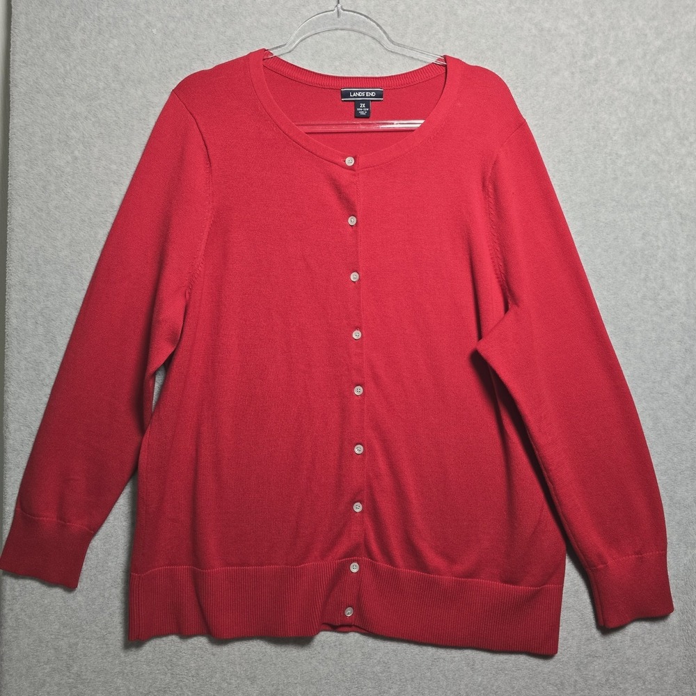 Lands End Women 2X 20-22W Plus Cardigan Lightweight Sweater Red Button Up Preppy
